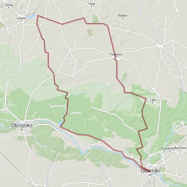 Map miniature of "Oborniki - Kiszewko - Tarnówko - Prusinowo - Bębnikąt" cycling inspiration in Wielkopolskie, Poland. Generated by Tarmacs.app cycling route planner