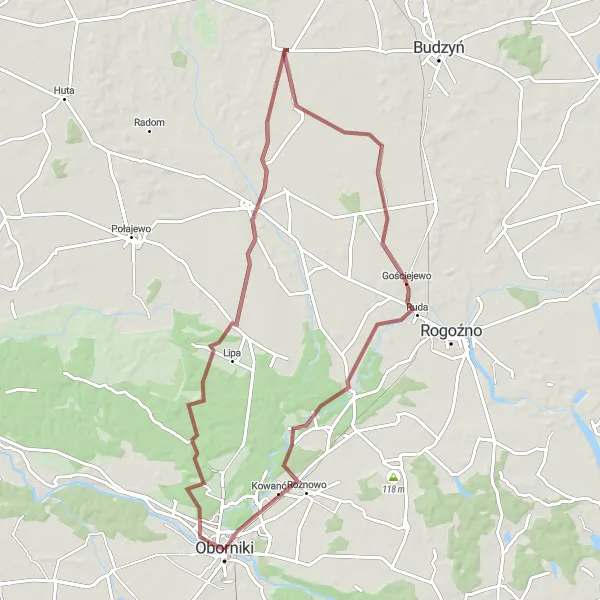 Map miniature of "Welna Valley Gravel Loop" cycling inspiration in Wielkopolskie, Poland. Generated by Tarmacs.app cycling route planner