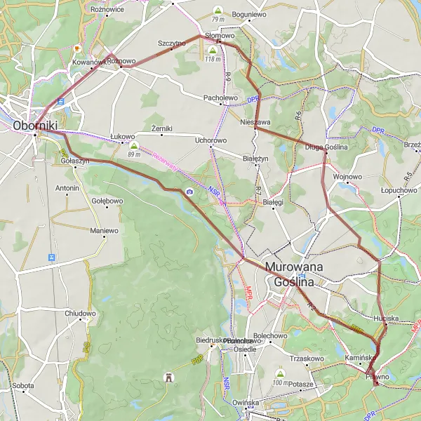 Map miniature of "Oborniki - Gołaszyn - Murowana Goślina - Kamińsko - Nieszawa - Słomowo - Rożnowo - Młyn Dahlmanna" cycling inspiration in Wielkopolskie, Poland. Generated by Tarmacs.app cycling route planner