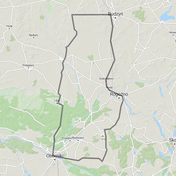 Map miniature of "Wronki and Uchorowo Road Loop" cycling inspiration in Wielkopolskie, Poland. Generated by Tarmacs.app cycling route planner