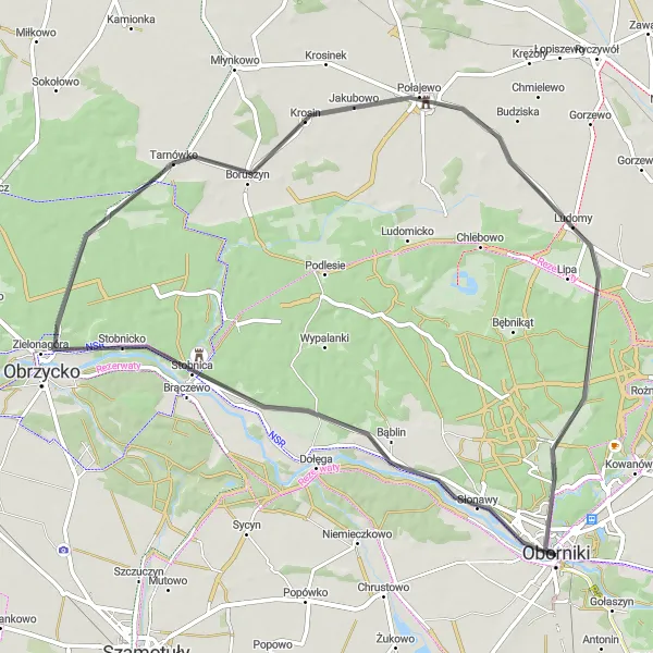 Map miniature of "Kiszewko and Tarnówko Road Adventure" cycling inspiration in Wielkopolskie, Poland. Generated by Tarmacs.app cycling route planner