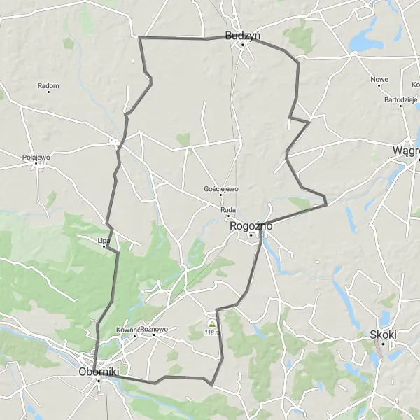 Map miniature of "Oborniki - Ludomy - Bukowiec - Rogoźno - Słomowo" cycling inspiration in Wielkopolskie, Poland. Generated by Tarmacs.app cycling route planner