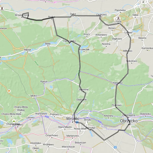 Map miniature of "Samołęż and Goraj Countryside Ride" cycling inspiration in Wielkopolskie, Poland. Generated by Tarmacs.app cycling route planner