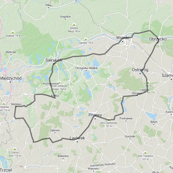 Miniatura mapy "Trasa wokół Obrzycka" - trasy rowerowej w Wielkopolskie, Poland. Wygenerowane przez planer tras rowerowych Tarmacs.app