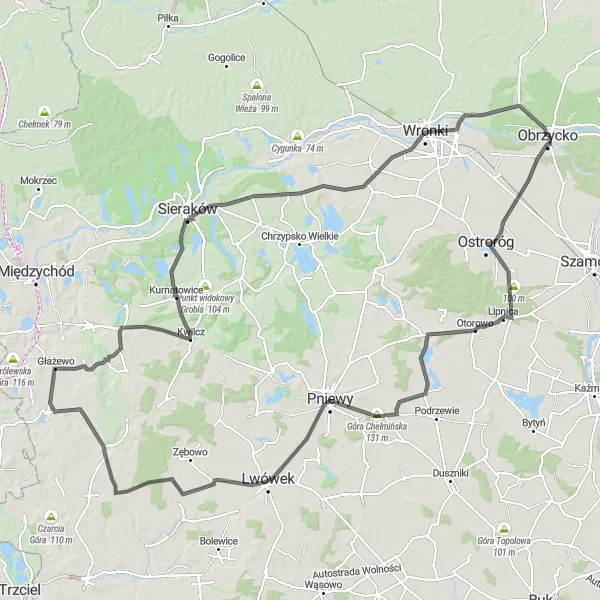 Map miniature of "Rudki and Lwówek Road Challenge" cycling inspiration in Wielkopolskie, Poland. Generated by Tarmacs.app cycling route planner