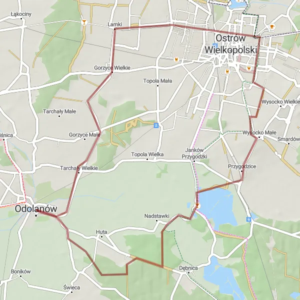 Map miniature of "The Serene Gravel Route Around Odolanów" cycling inspiration in Wielkopolskie, Poland. Generated by Tarmacs.app cycling route planner
