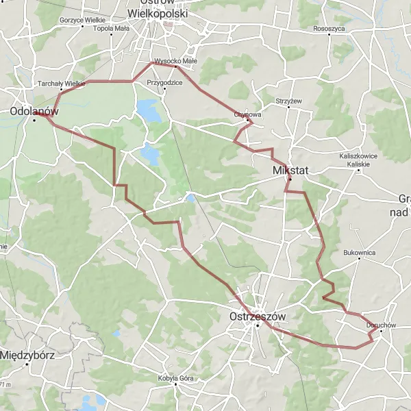 Map miniature of "The Challenging Gravel Loop from Odolanów" cycling inspiration in Wielkopolskie, Poland. Generated by Tarmacs.app cycling route planner