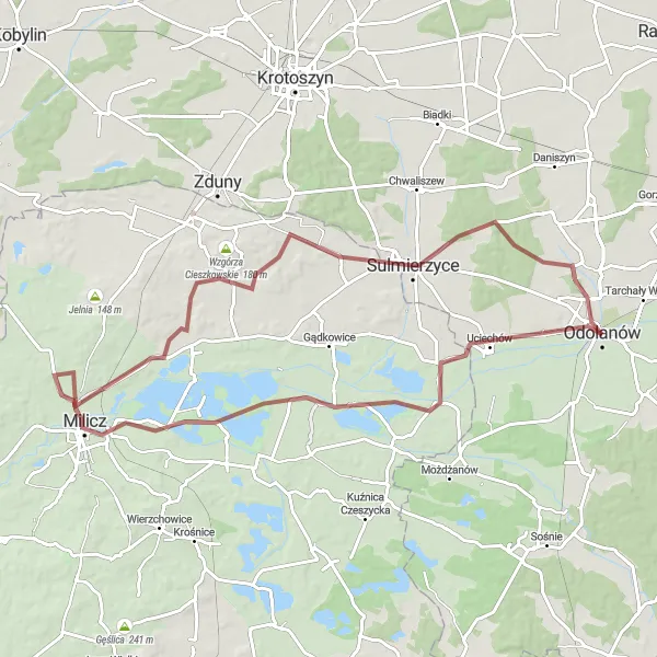 Map miniature of "Odolanów-Kopice-Milicz-Chmielnik-Godnowa-Winna Góra-Sulmierzyce" cycling inspiration in Wielkopolskie, Poland. Generated by Tarmacs.app cycling route planner