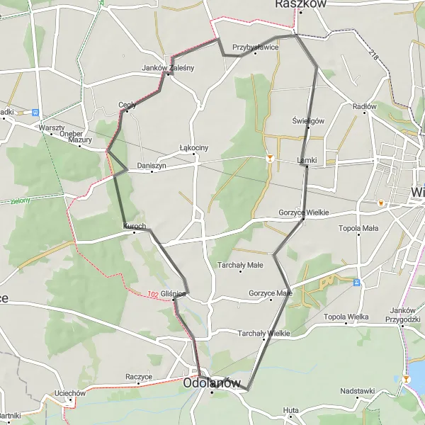 Map miniature of "Odolanów-Nabyszyce-Gorzyce Wielkie-Odolanów" cycling inspiration in Wielkopolskie, Poland. Generated by Tarmacs.app cycling route planner