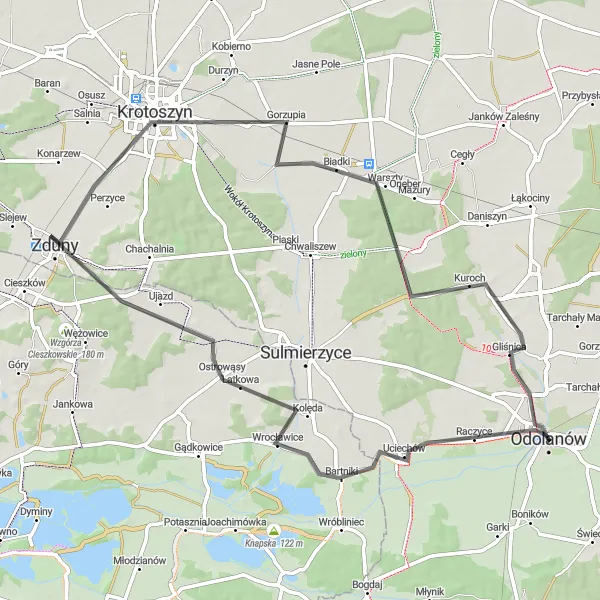 Map miniature of "Odolanów-Ujazd-Zduny-Biadki-Odolanów" cycling inspiration in Wielkopolskie, Poland. Generated by Tarmacs.app cycling route planner