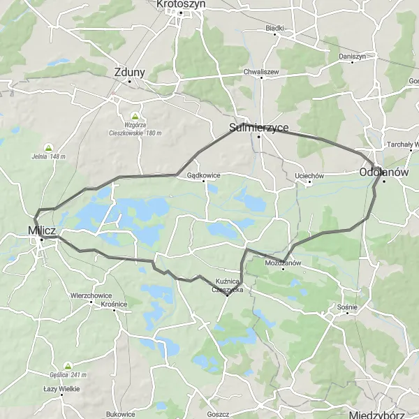 Map miniature of "Odolanów-Lubinek-Duchowo-Godnowa-Wziąchowo Wielkie-Odolanów" cycling inspiration in Wielkopolskie, Poland. Generated by Tarmacs.app cycling route planner