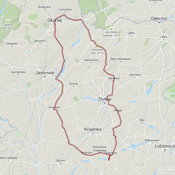 Map miniature of "Discover the Gravel Trails of Lędyczek and Złotów" cycling inspiration in Wielkopolskie, Poland. Generated by Tarmacs.app cycling route planner