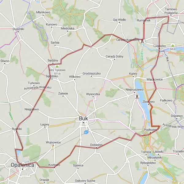 Miniatura mapy "Trasa rowerowa gravel z pagórkowatym terenem w okolicach Opalenicy" - trasy rowerowej w Wielkopolskie, Poland. Wygenerowane przez planer tras rowerowych Tarmacs.app