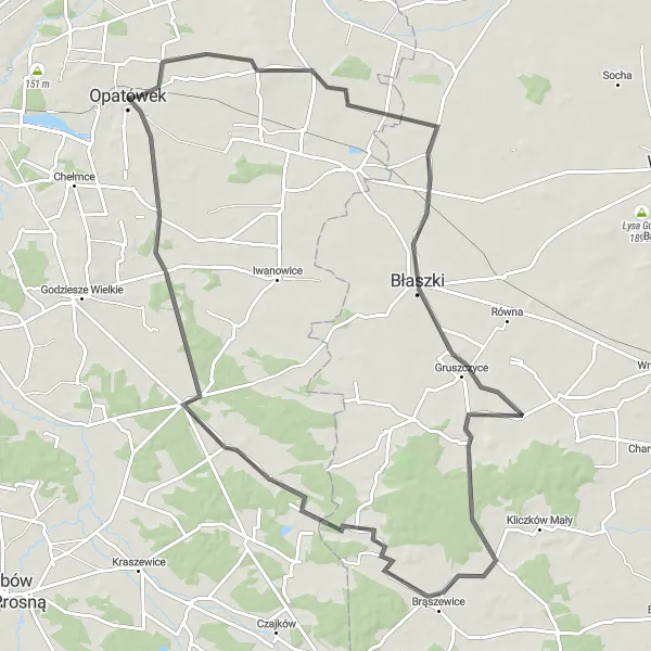 Miniatura mapy "Trasa Opatówek-Brzeziny" - trasy rowerowej w Wielkopolskie, Poland. Wygenerowane przez planer tras rowerowych Tarmacs.app