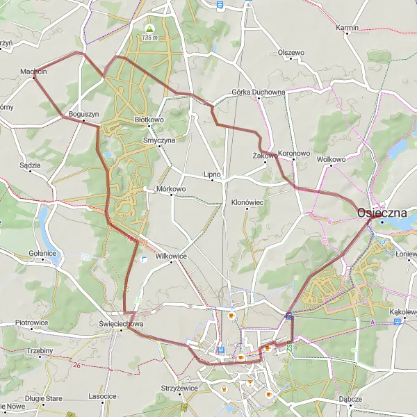 Miniatura mapy "Przeprawa przez tereny gravelowe" - trasy rowerowej w Wielkopolskie, Poland. Wygenerowane przez planer tras rowerowych Tarmacs.app