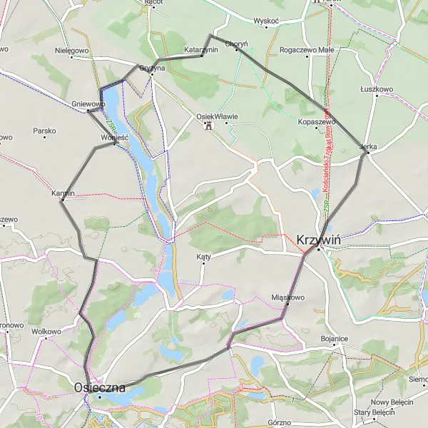 Miniatura mapy "Trasa przez Karmin i Choryń" - trasy rowerowej w Wielkopolskie, Poland. Wygenerowane przez planer tras rowerowych Tarmacs.app