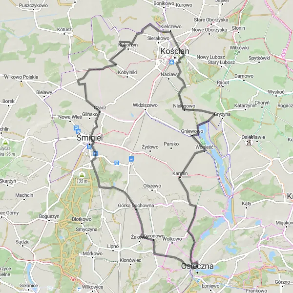 Miniatura mapy "Trasa wzdłuż wzgórz i pól" - trasy rowerowej w Wielkopolskie, Poland. Wygenerowane przez planer tras rowerowych Tarmacs.app