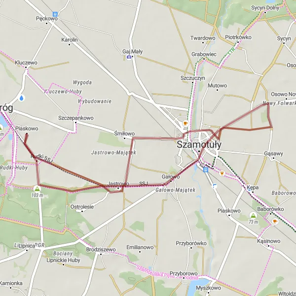 Map miniature of "Gałowo and Zamek Górków Gravel Adventure" cycling inspiration in Wielkopolskie, Poland. Generated by Tarmacs.app cycling route planner