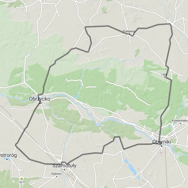 Map miniature of "Ostroróg - Zielonagóra - Ludomy - Sławienko - Szczepankowo" cycling inspiration in Wielkopolskie, Poland. Generated by Tarmacs.app cycling route planner