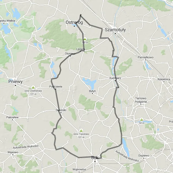 Map miniature of "Ostroróg - Myszkowo - Gaj Wielki - Niepruszewo - Śliwno - Lubosinek - Lipnica - Zamek w Ostrorogu" cycling inspiration in Wielkopolskie, Poland. Generated by Tarmacs.app cycling route planner