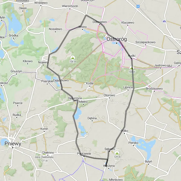 Map miniature of "Rudki to Dobrojewo Road Journey" cycling inspiration in Wielkopolskie, Poland. Generated by Tarmacs.app cycling route planner