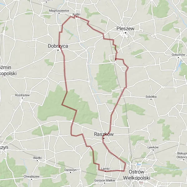 Map miniature of "Dobrzyca and Kotlin Gravel Adventure" cycling inspiration in Wielkopolskie, Poland. Generated by Tarmacs.app cycling route planner
