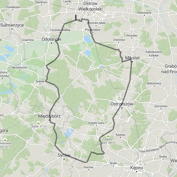 Map miniature of "Hills and Valleys" cycling inspiration in Wielkopolskie, Poland. Generated by Tarmacs.app cycling route planner