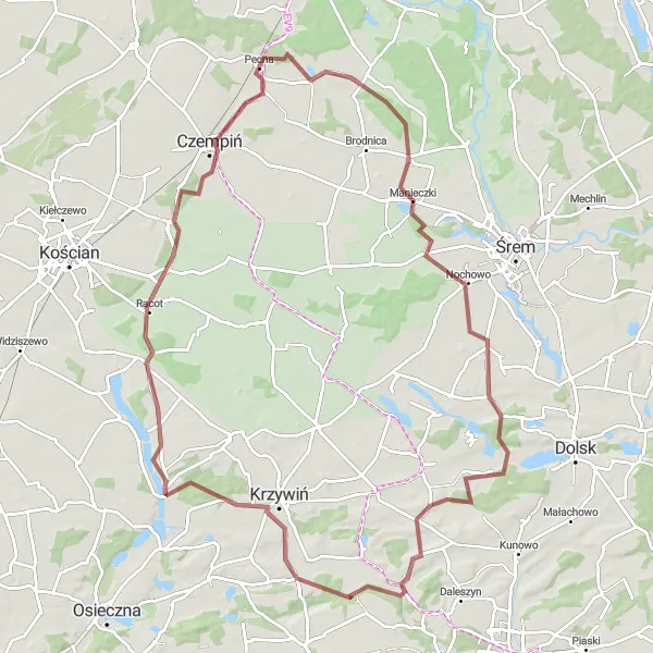 Miniatura mapy "Ekscytująca trasa gravelowa z Pecny" - trasy rowerowej w Wielkopolskie, Poland. Wygenerowane przez planer tras rowerowych Tarmacs.app
