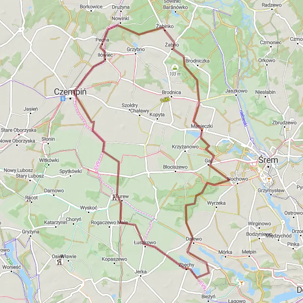 Map miniature of "Manieczki Gravel Adventure" cycling inspiration in Wielkopolskie, Poland. Generated by Tarmacs.app cycling route planner