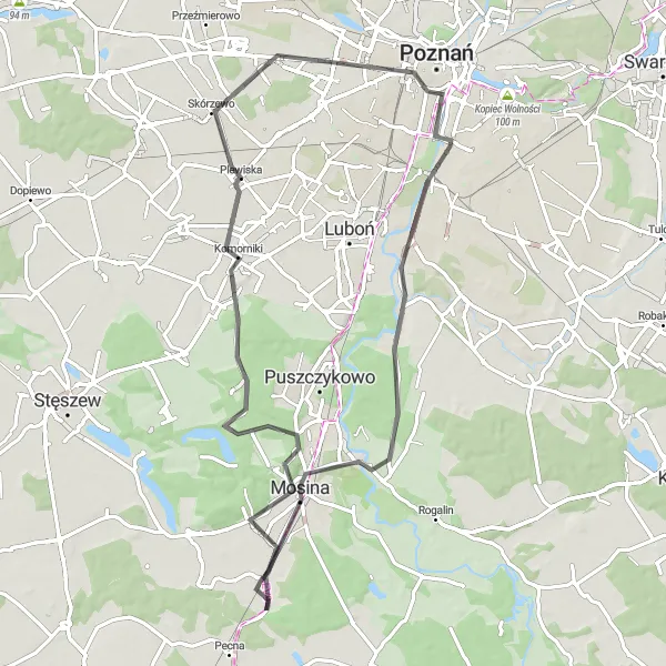 Map miniature of "Pecna and Mosina Loop" cycling inspiration in Wielkopolskie, Poland. Generated by Tarmacs.app cycling route planner