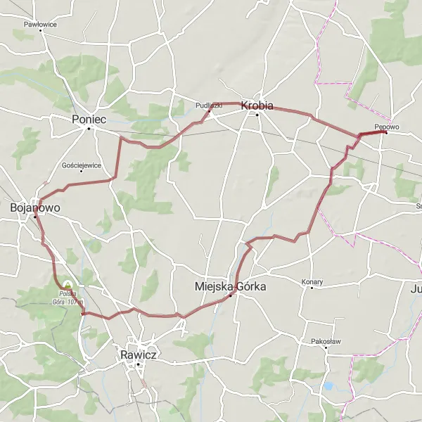 Map miniature of "Pępowo - Skoraszewice - Łaszczyn - Polska Góra - Dzięczyna - Pępowo" cycling inspiration in Wielkopolskie, Poland. Generated by Tarmacs.app cycling route planner