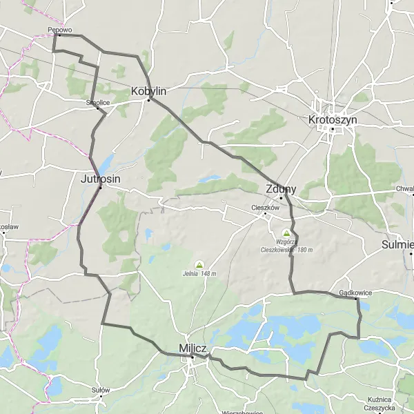 Map miniature of "The Wyoming Dunes Loop" cycling inspiration in Wielkopolskie, Poland. Generated by Tarmacs.app cycling route planner