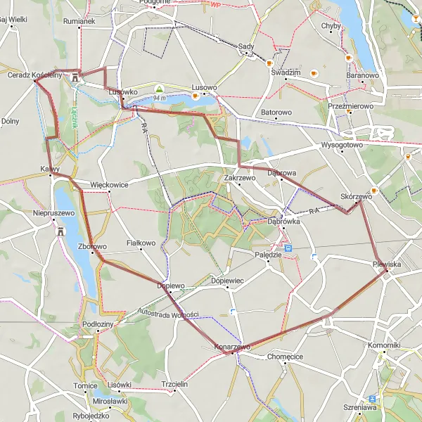 Miniatura mapy "Trasa gravelowa z Plewisk przez Konarzewo i Ceradz Kościelny do Skórzewa" - trasy rowerowej w Wielkopolskie, Poland. Wygenerowane przez planer tras rowerowych Tarmacs.app
