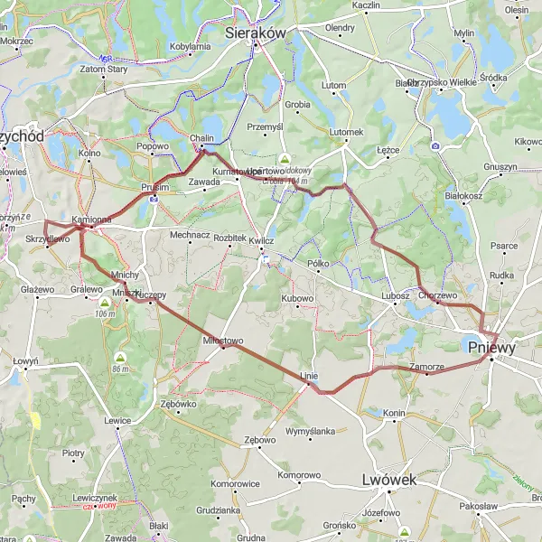 Map miniature of "On the Trails of Żydowskie Góry" cycling inspiration in Wielkopolskie, Poland. Generated by Tarmacs.app cycling route planner