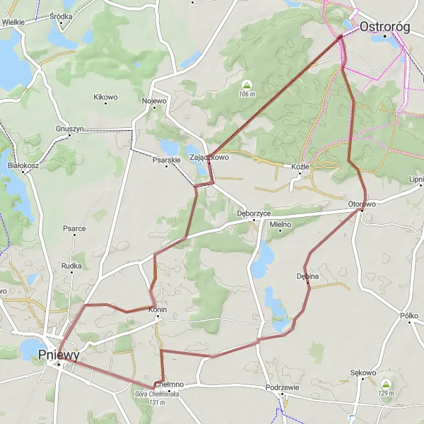 Map miniature of "Gravel Adventure: Księże Góry and Zajączkowo" cycling inspiration in Wielkopolskie, Poland. Generated by Tarmacs.app cycling route planner