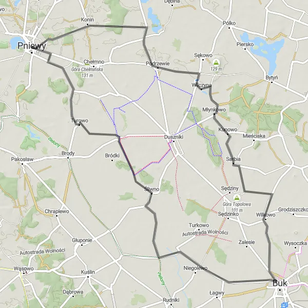 Map miniature of "Pniewy and Surroundings" cycling inspiration in Wielkopolskie, Poland. Generated by Tarmacs.app cycling route planner