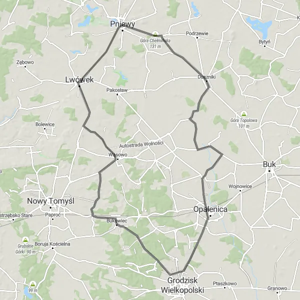 Miniatura mapy "Trasa z Gór Chełmińskich do Pniew" - trasy rowerowej w Wielkopolskie, Poland. Wygenerowane przez planer tras rowerowych Tarmacs.app