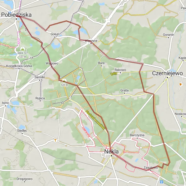 Map miniature of "Pobiedziska Loop" cycling inspiration in Wielkopolskie, Poland. Generated by Tarmacs.app cycling route planner