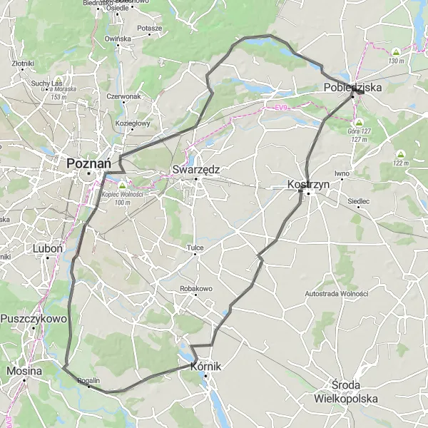 Map miniature of "Exploring the Natural Beauty of Wielkopolskie" cycling inspiration in Wielkopolskie, Poland. Generated by Tarmacs.app cycling route planner