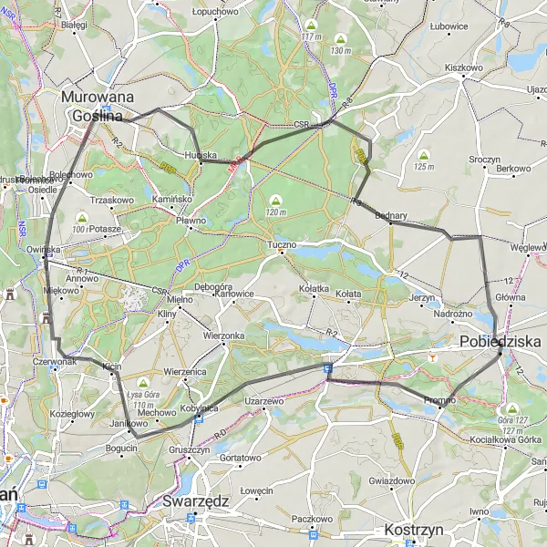 Miniatura mapy "Trasa Szosowa do Owińskiej, Zielonki i Pomarzanowic" - trasy rowerowej w Wielkopolskie, Poland. Wygenerowane przez planer tras rowerowych Tarmacs.app