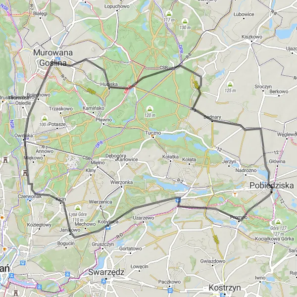 Map miniature of "Owińska Nature Loop" cycling inspiration in Wielkopolskie, Poland. Generated by Tarmacs.app cycling route planner