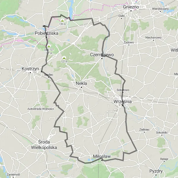 Map miniature of "Journey through Historical Villages" cycling inspiration in Wielkopolskie, Poland. Generated by Tarmacs.app cycling route planner