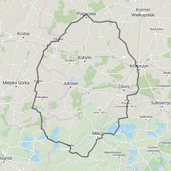 Map miniature of "Pogorzela - Benice Loop" cycling inspiration in Wielkopolskie, Poland. Generated by Tarmacs.app cycling route planner