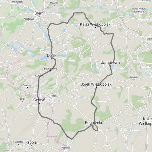 Map miniature of "Pogorzela to Książ Wielkopolski Road Route" cycling inspiration in Wielkopolskie, Poland. Generated by Tarmacs.app cycling route planner