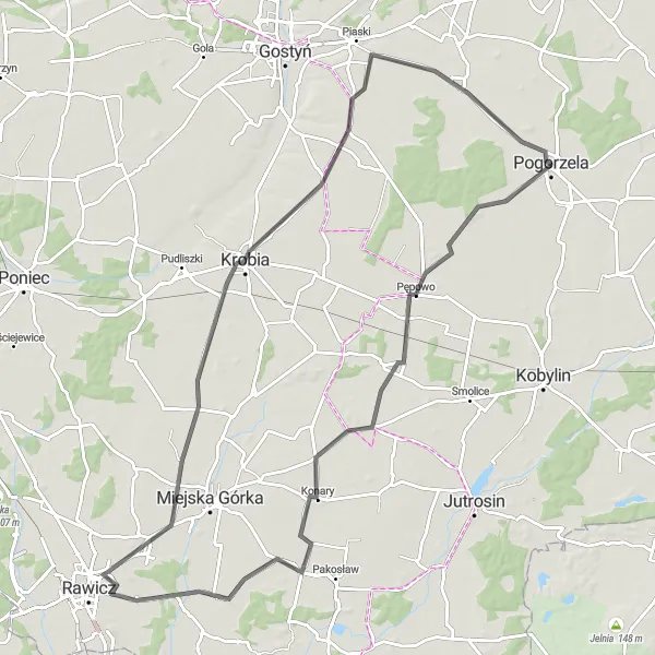 Map miniature of "From Pępowo to Strzelce Wielkie" cycling inspiration in Wielkopolskie, Poland. Generated by Tarmacs.app cycling route planner