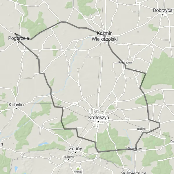 Map miniature of "The Koźmin Route" cycling inspiration in Wielkopolskie, Poland. Generated by Tarmacs.app cycling route planner