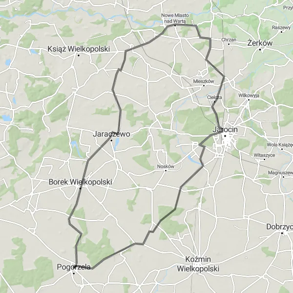 Map miniature of "Pogorzela to Chwałkowo Kościelne Road Route" cycling inspiration in Wielkopolskie, Poland. Generated by Tarmacs.app cycling route planner