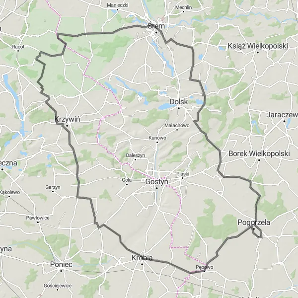 Miniatura mapy "Przejażdżka Roadowa do Krobi" - trasy rowerowej w Wielkopolskie, Poland. Wygenerowane przez planer tras rowerowych Tarmacs.app