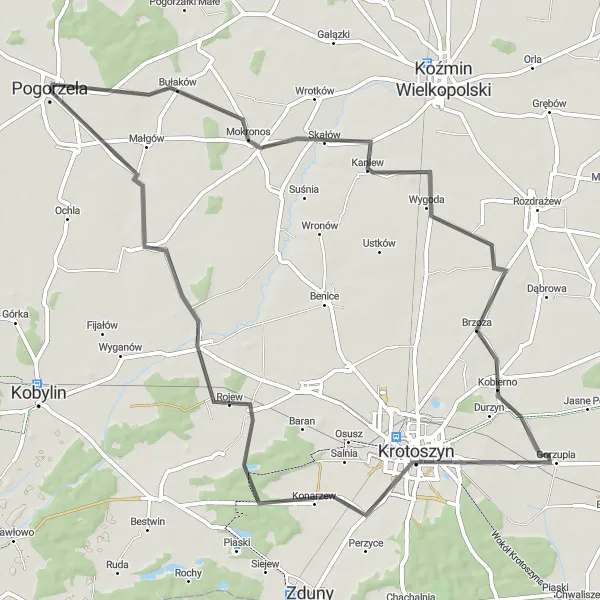 Miniatura mapy "Trasa przez Kobierno i Kromolice" - trasy rowerowej w Wielkopolskie, Poland. Wygenerowane przez planer tras rowerowych Tarmacs.app