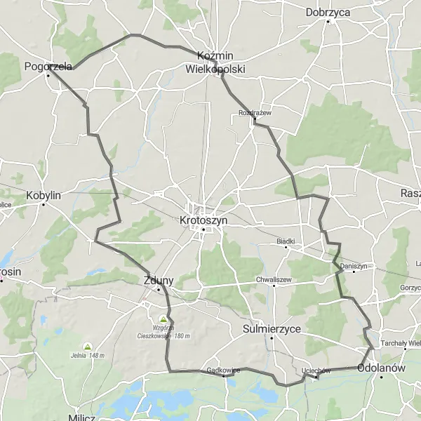 Miniatura mapy "Trasa przez Koźmin Wielkopolski i Grodziszcze" - trasy rowerowej w Wielkopolskie, Poland. Wygenerowane przez planer tras rowerowych Tarmacs.app